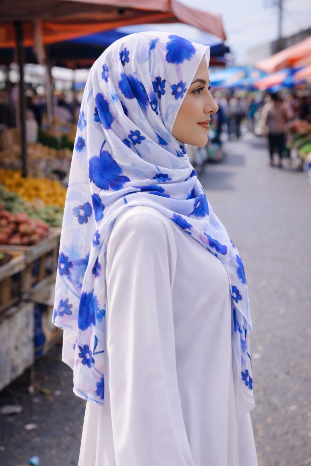 White Rectangular Chiffon Scarf with Brushed Daphne Flower Design