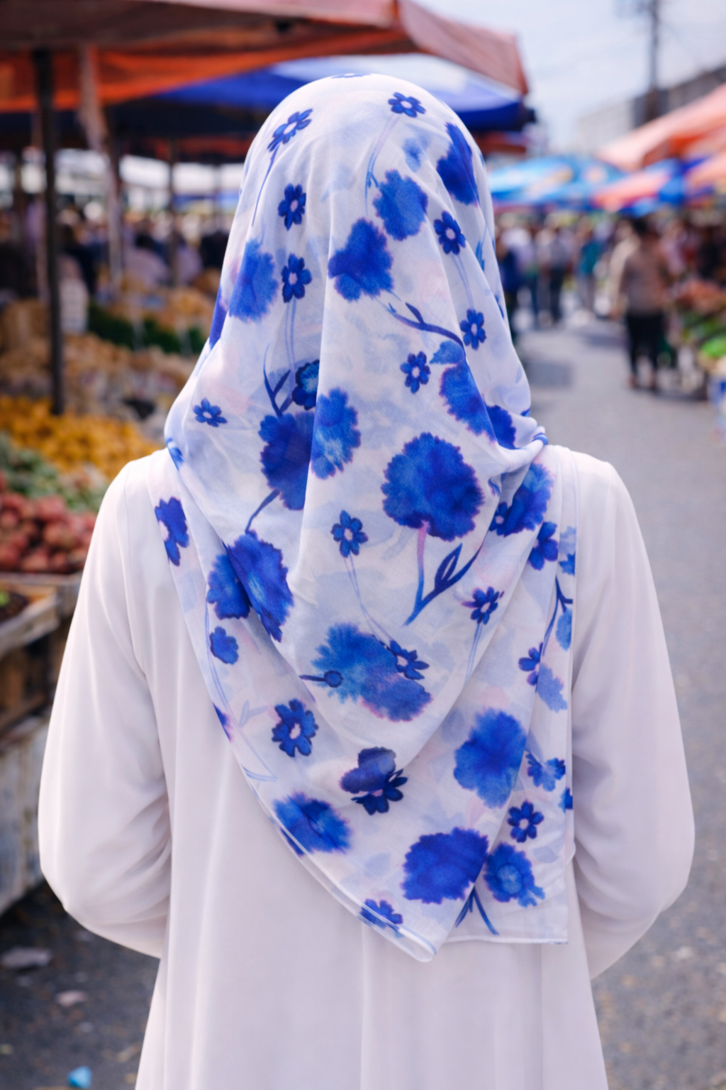 White Rectangular Chiffon Scarf with Brushed Daphne Flower Design