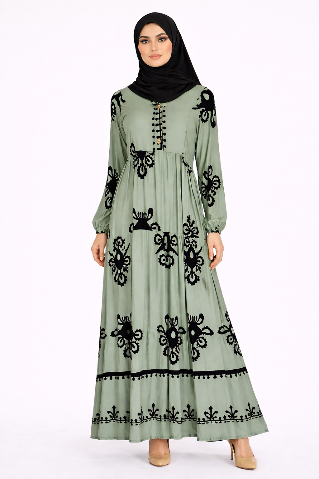 Frosty Spruce & Black Ethnic Pattern Printed Maxi Dress