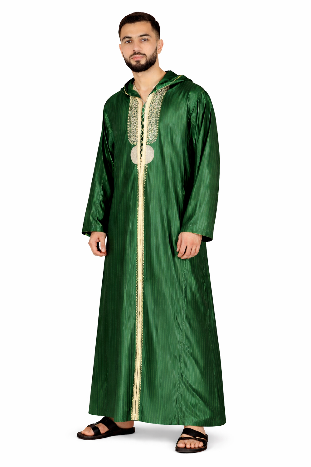 Dark Green Hooded Moroccan Thobe with Detailing
