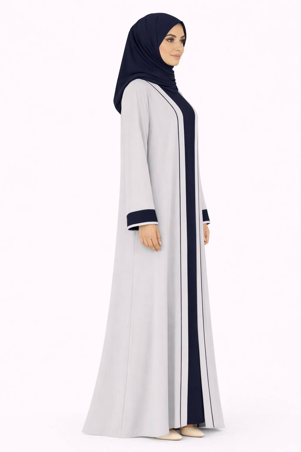 Stormy Weather Contrast Trim Belted Two-Piece Open Front Maxi Abaya