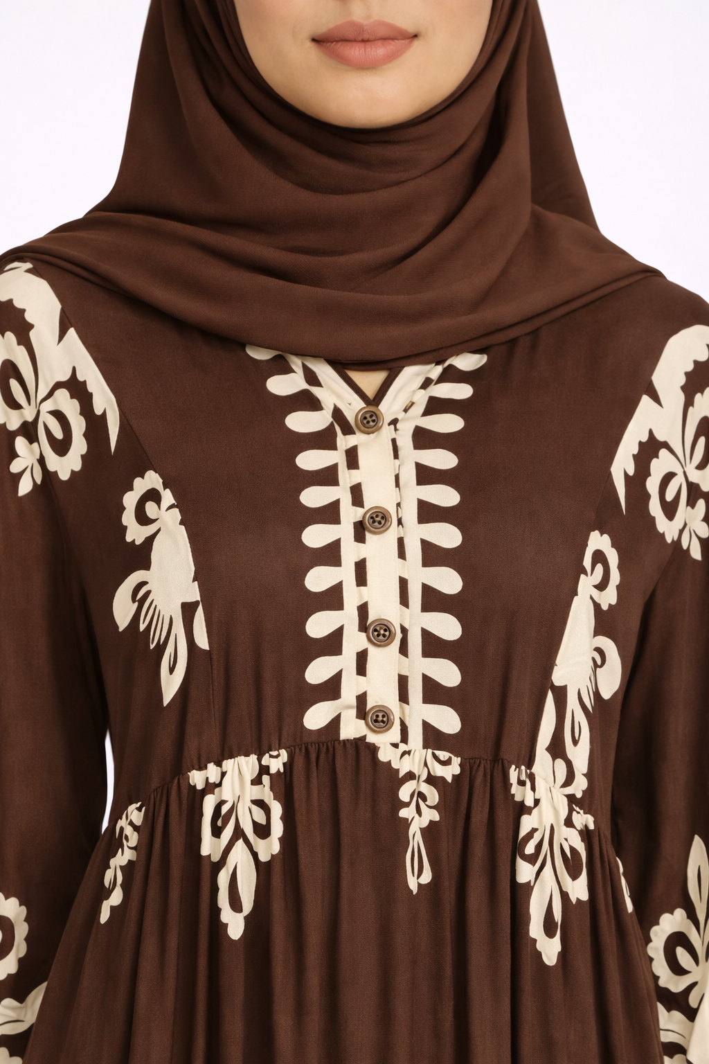 Coffee Bean & Cream Ethnic Pattern Printed Maxi Dress