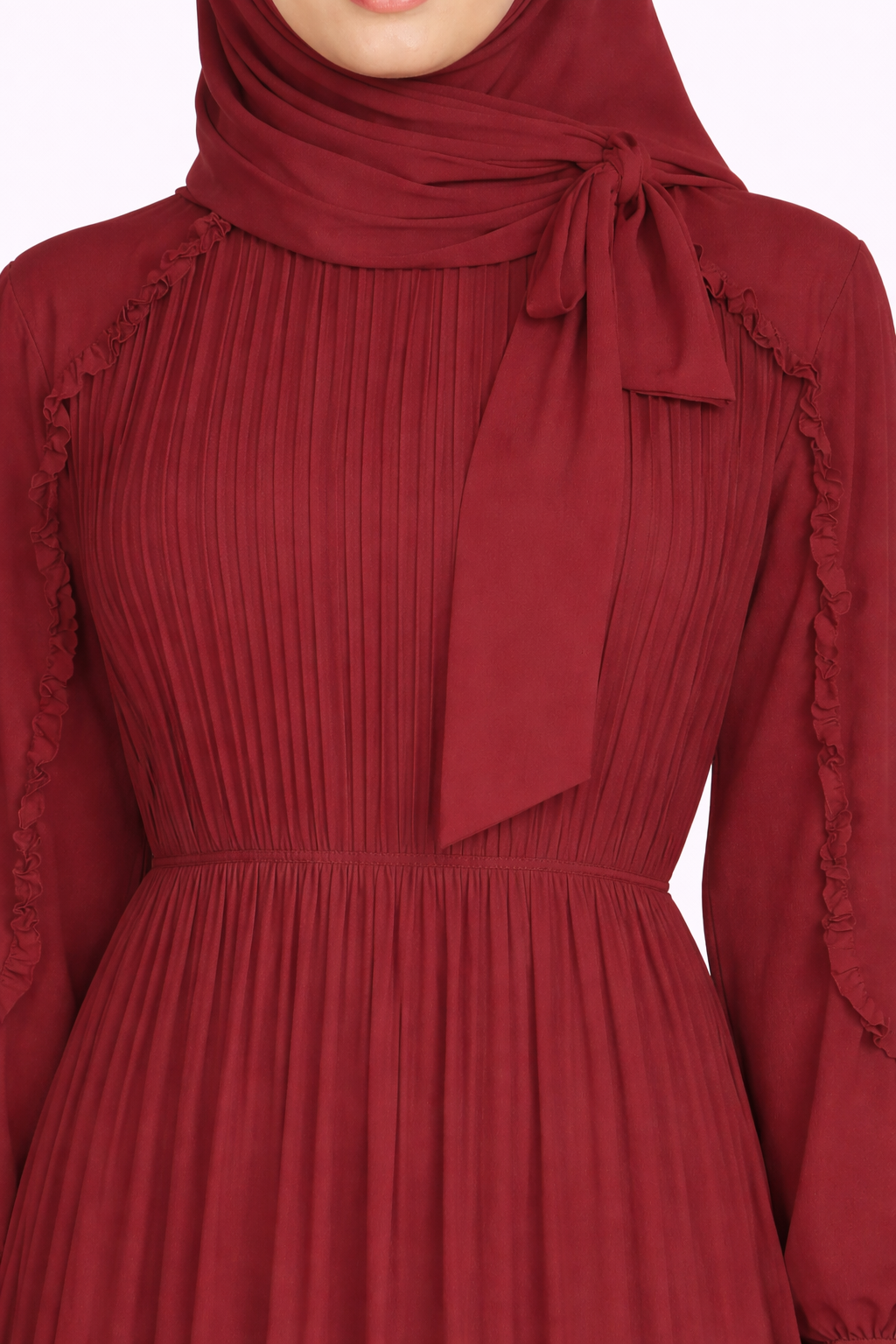 Zinfandel Pleated Modest Maxi Dress with Ruffle Detailing