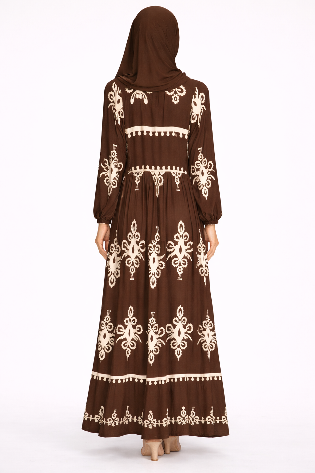 Coffee Bean & Cream Ethnic Pattern Printed Maxi Dress