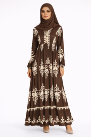 Coffee Bean & Cream Ethnic Pattern Printed Maxi Dress