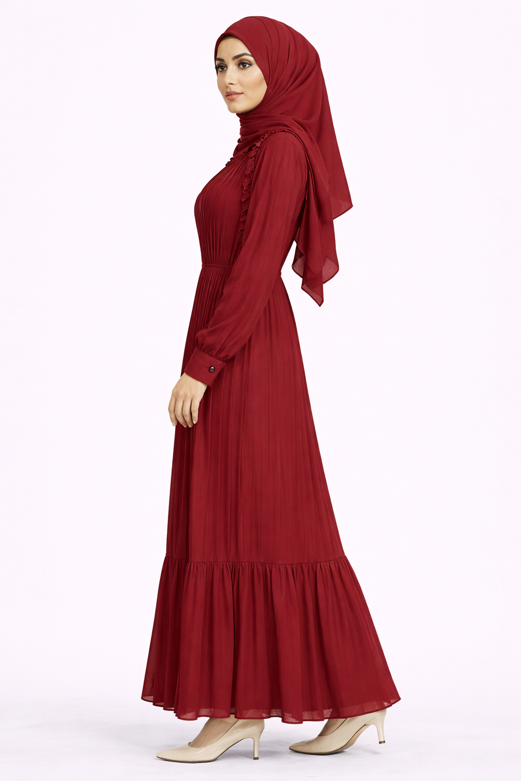 Zinfandel Pleated Modest Maxi Dress with Ruffle Detailing