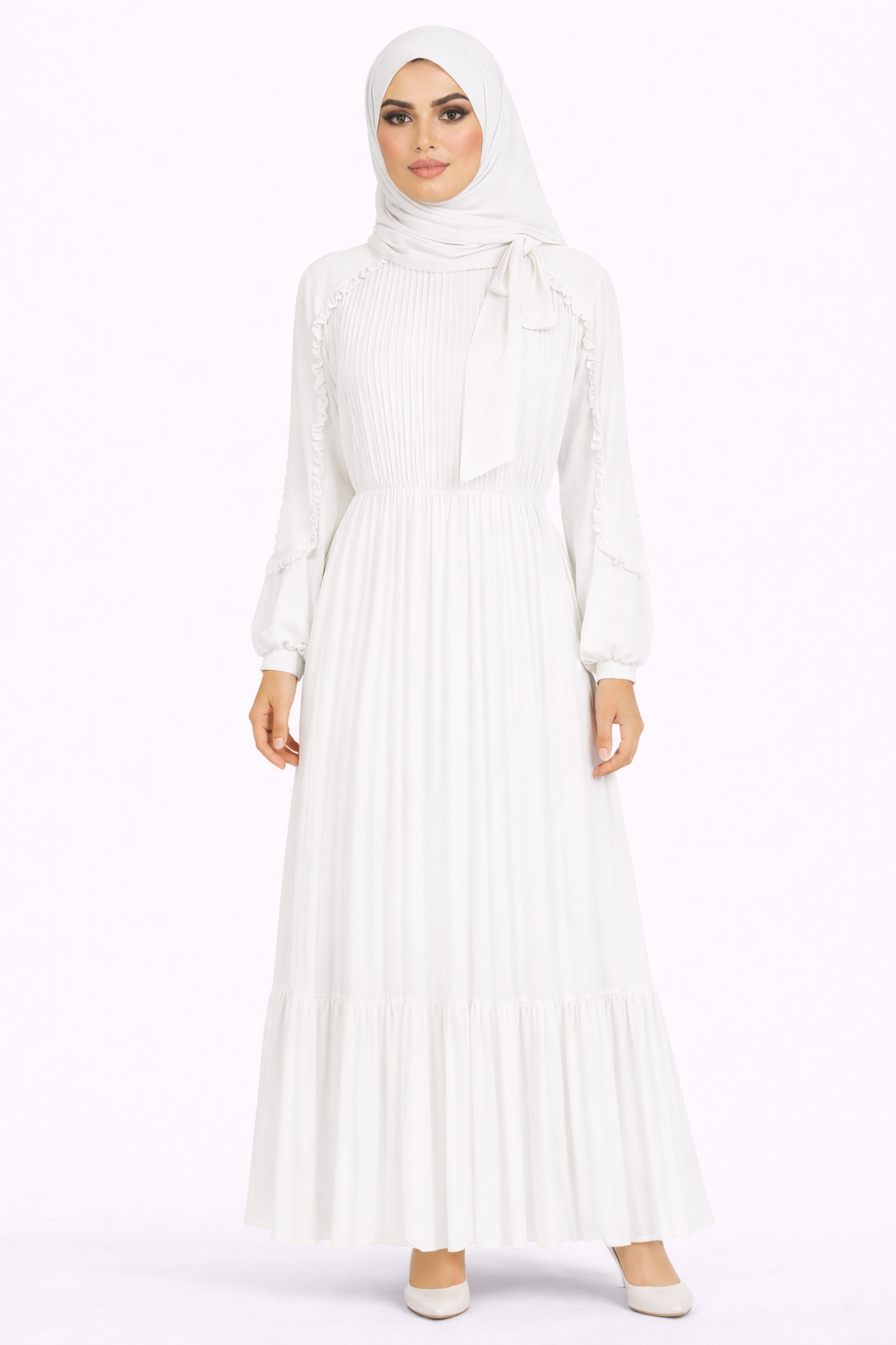 Blanc De Blanc Pleated Modest Maxi Dress with Ruffle Detailing