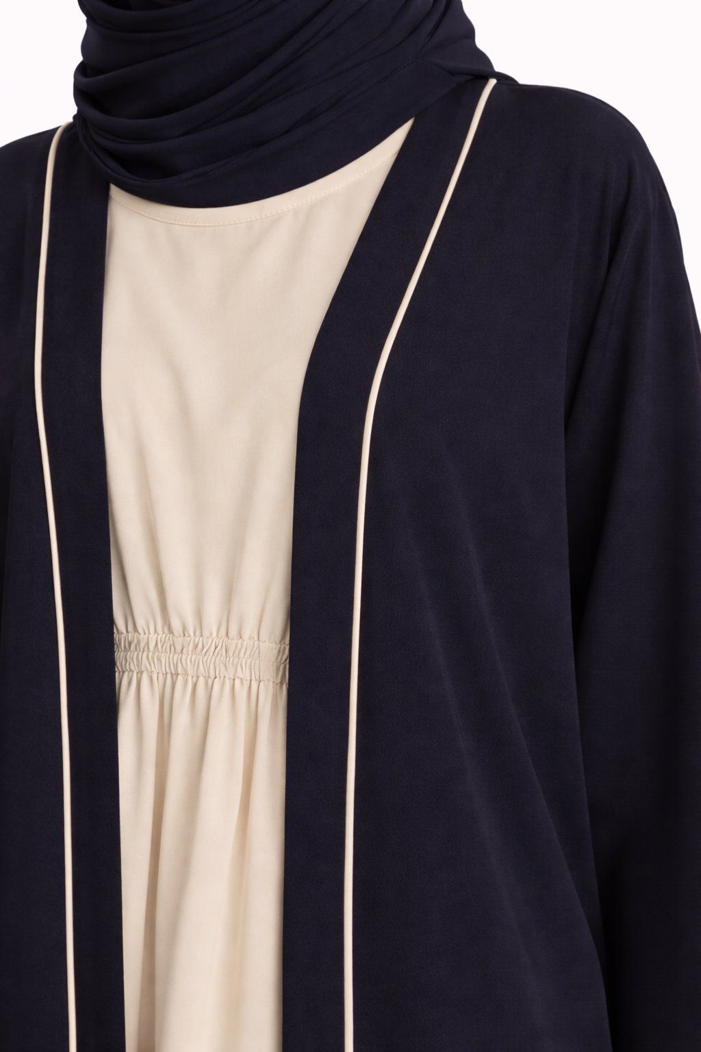 Dark Sapphire Contrast Trim Belted Two-Piece Open Front Maxi Abaya