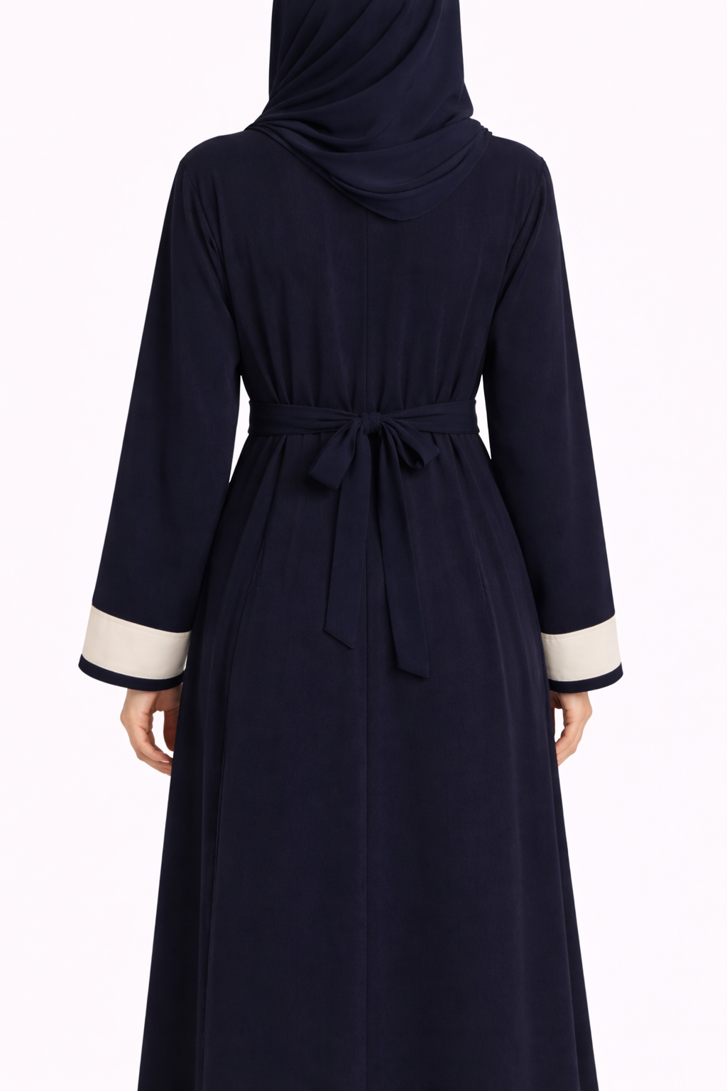 Dark Sapphire Contrast Trim Belted Two-Piece Open Front Maxi Abaya