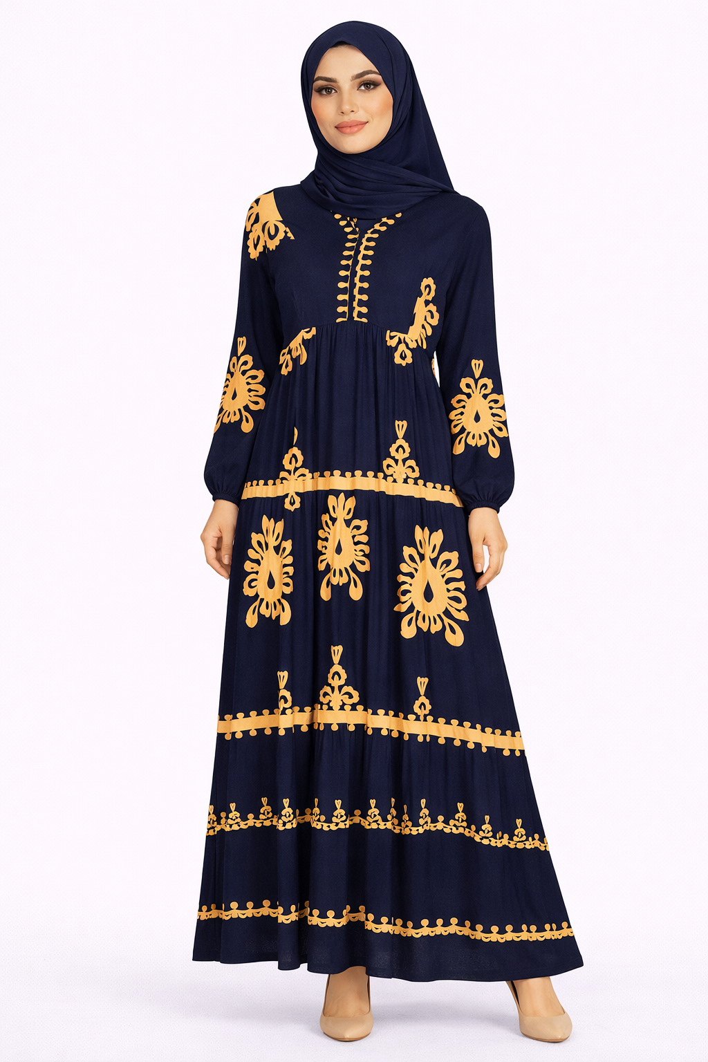 Navy Blazer & Brown Ethnic Pattern Printed Maxi Dress