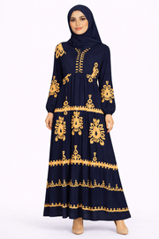 Navy Blazer & Brown Ethnic Pattern Printed Maxi Dress