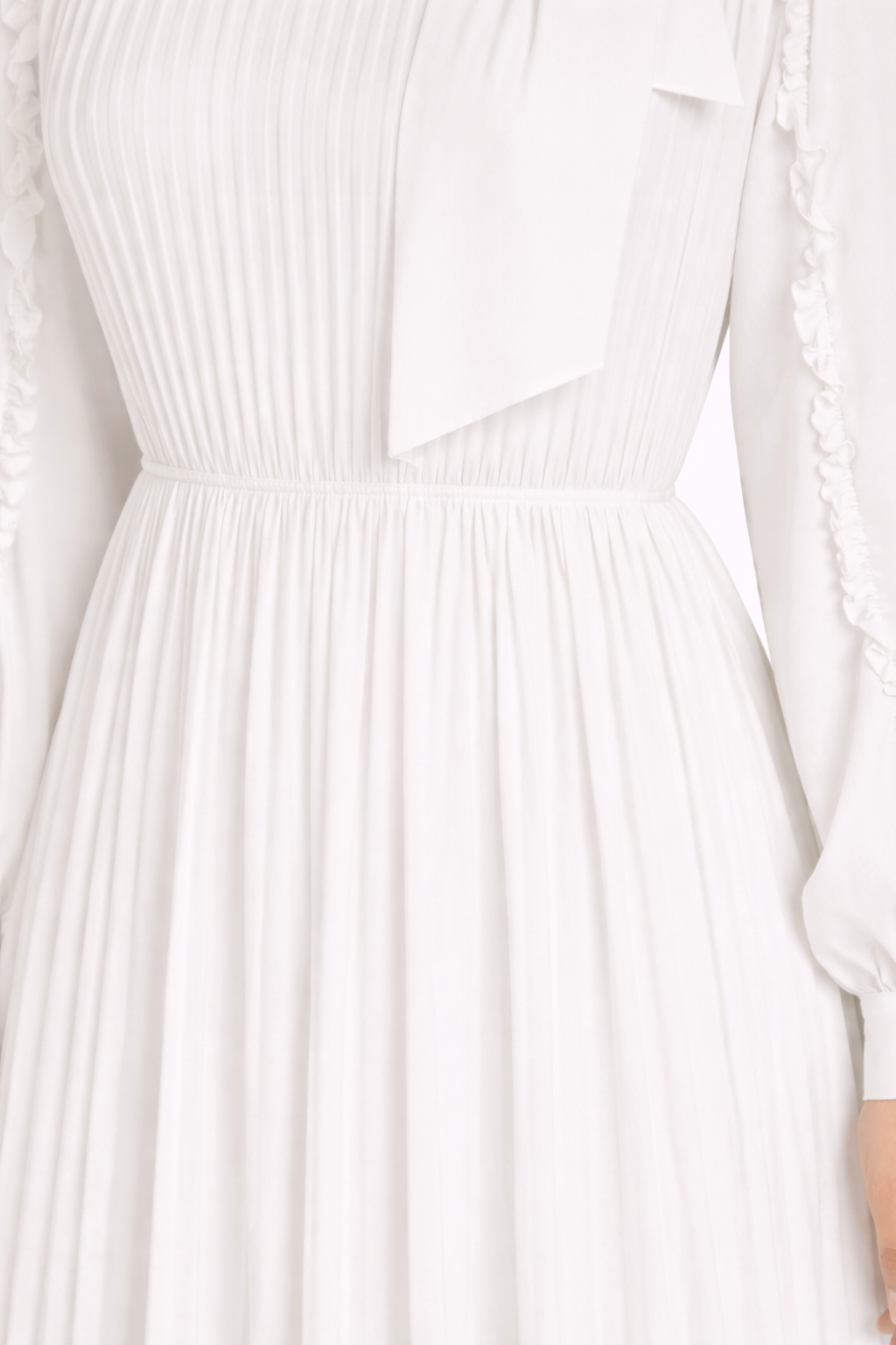 Blanc De Blanc Pleated Modest Maxi Dress with Ruffle Detailing