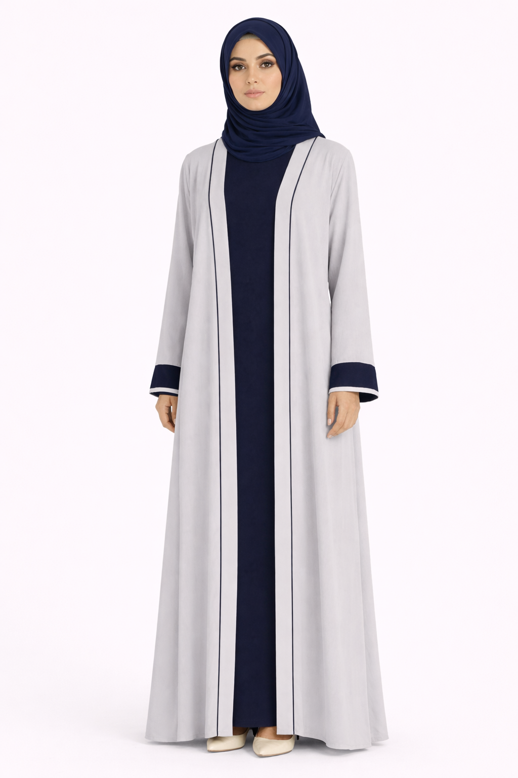 Stormy Weather Contrast Trim Belted Two-Piece Open Front Maxi Abaya