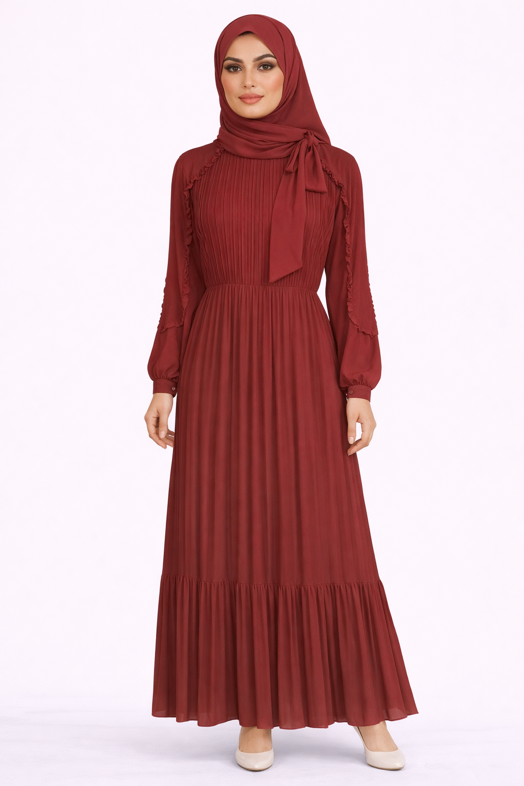 Zinfandel Pleated Modest Maxi Dress with Ruffle Detailing