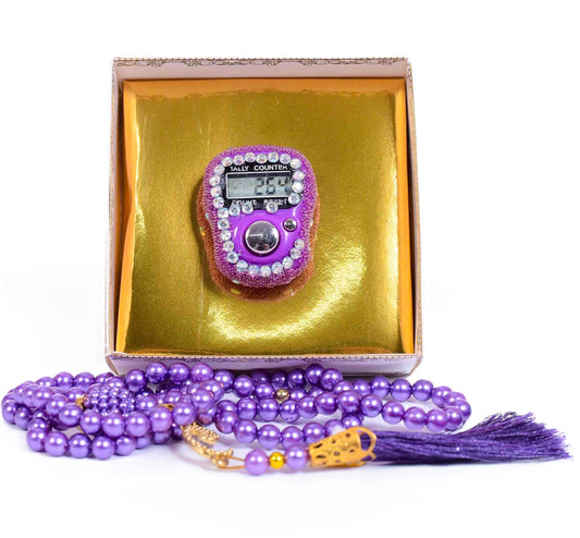 99 Bead Crystal Prayer Beads + Fancy Digital Smart Zikr Counter Gift Set