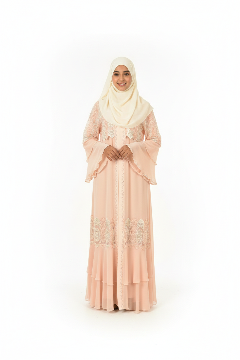 Peach Whip Chiffon Abaya Set with Lace and Stone Detail and Ruffle Bell Sleeve