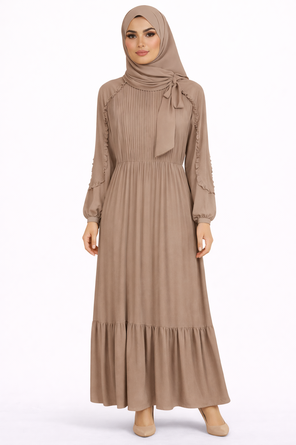 Cinder Pleated Modest Maxi Dress with Ruffle Detailing