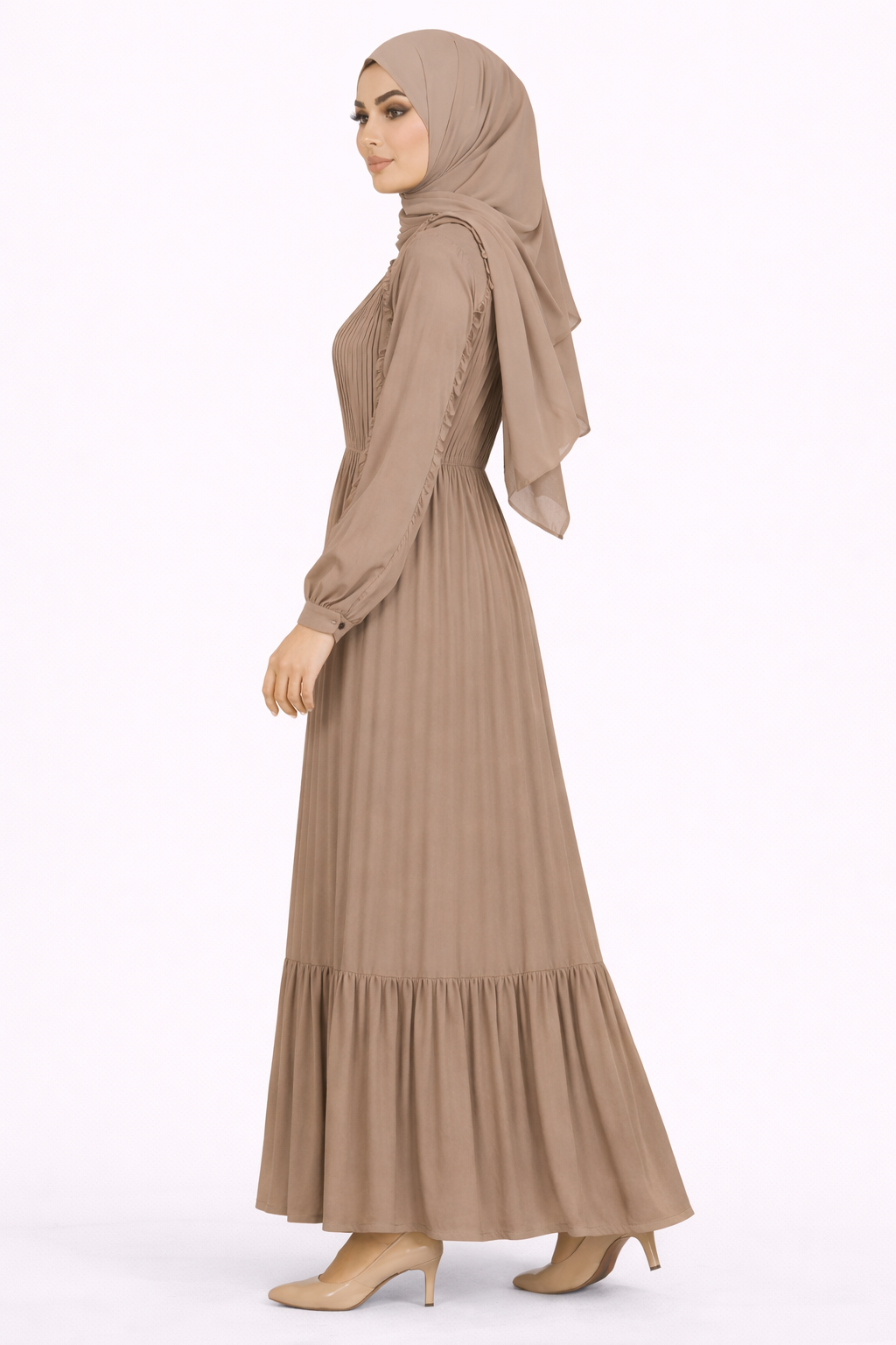 Cinder Pleated Modest Maxi Dress with Ruffle Detailing