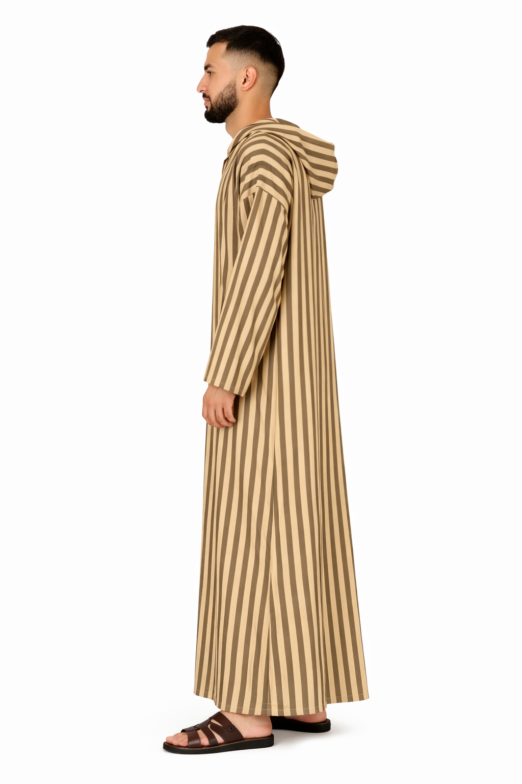 Light Taupe Men’s Hooded Striped Moroccan Thobe