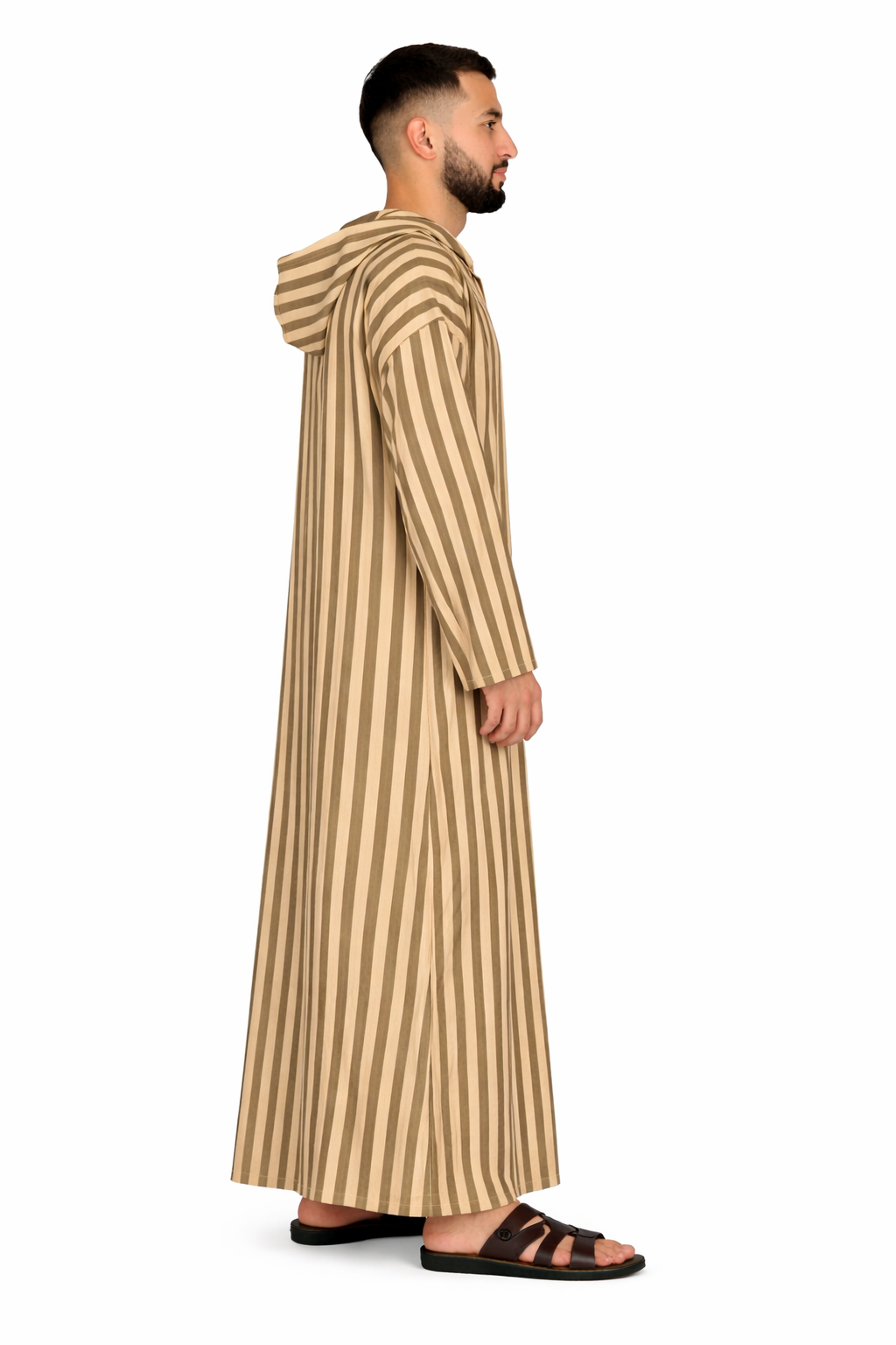 Light Taupe Men’s Hooded Striped Moroccan Thobe