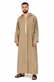 Light Taupe Men’s Hooded Striped Moroccan Thobe