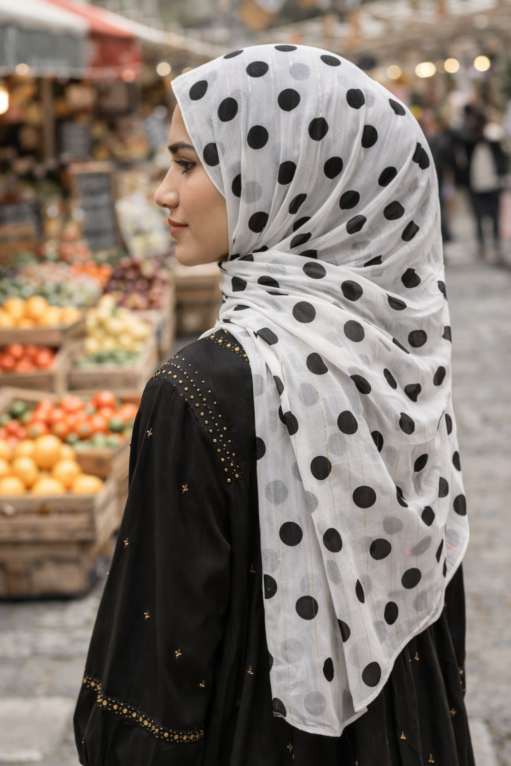 Lightweight Black Polka Dot Print Blue Flower Chiffon Scarf for Women