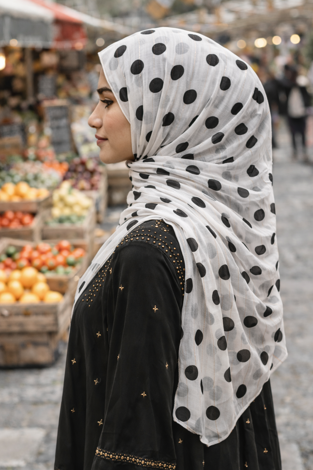 Lightweight Black Polka Dot Print Blue Flower Chiffon Scarf for Women