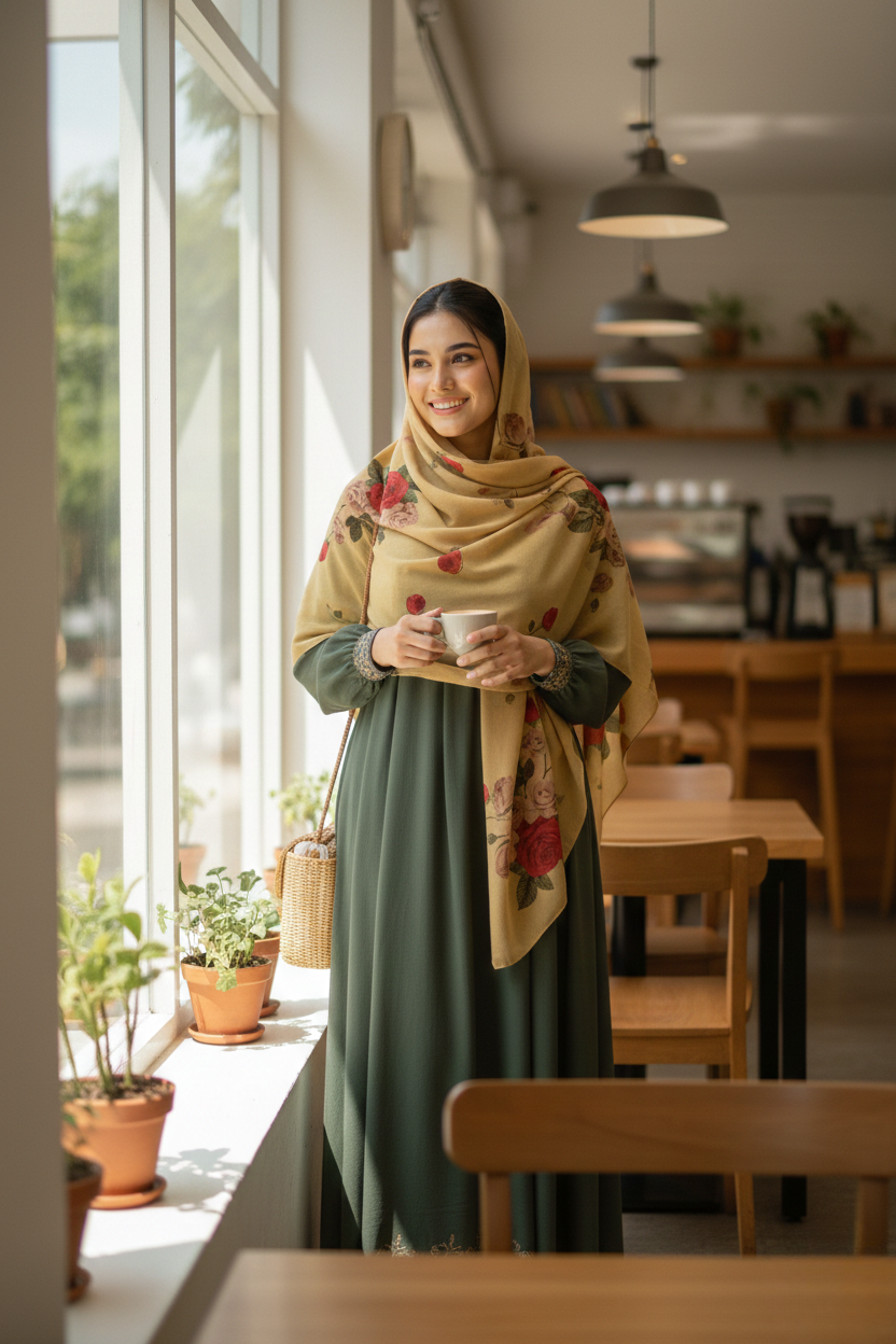 Honey Mustard Chiffon Scarf with Dark Red Rose Design for Everyday Wear