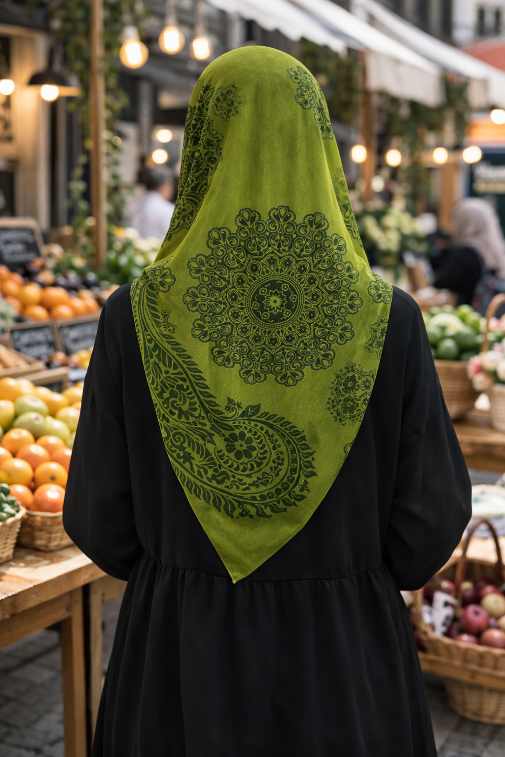 Green Rectangular Chiffon Modest Scarf with Dark Green Patterning