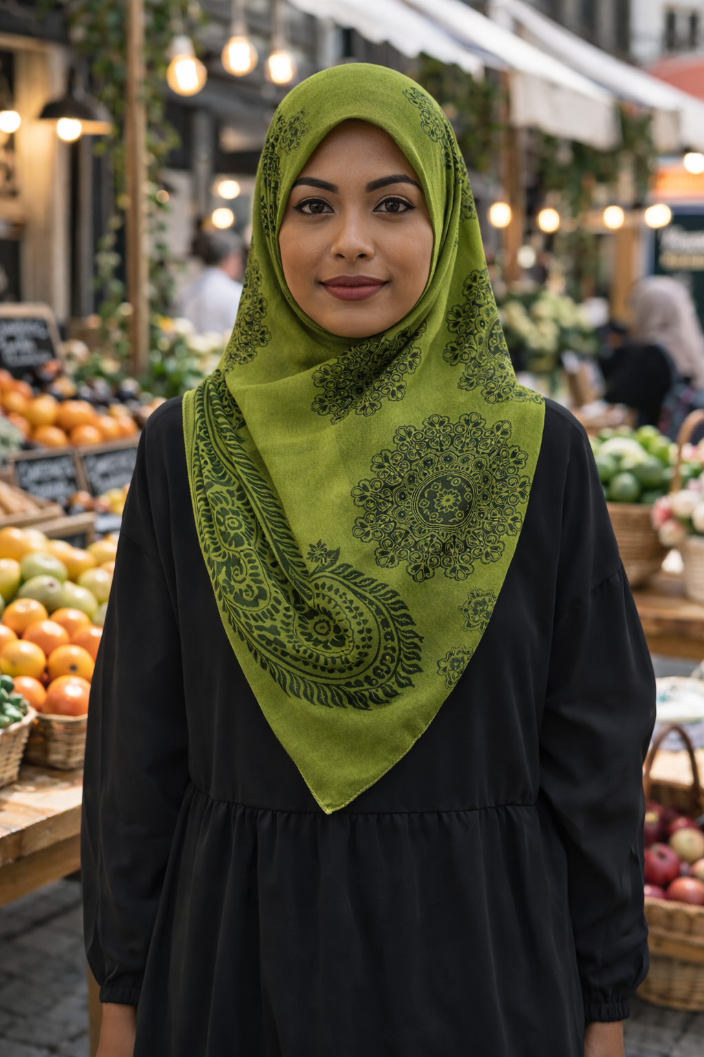 Green Rectangular Chiffon Modest Scarf with Dark Green Patterning