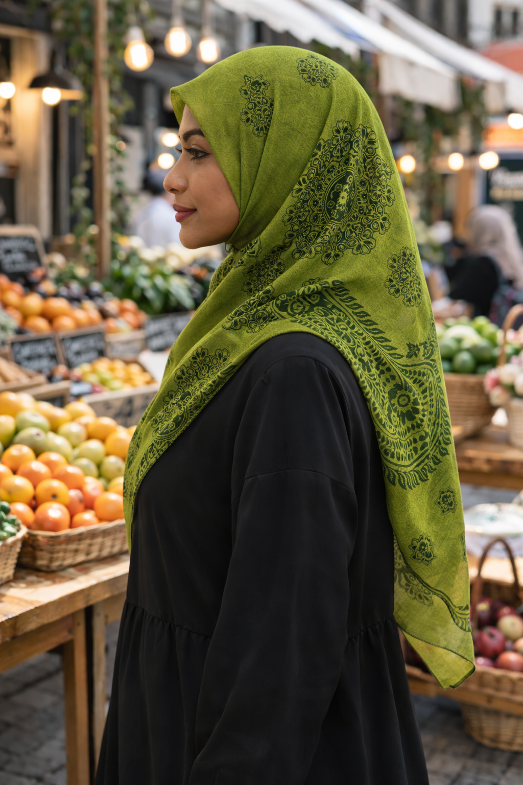 Green Rectangular Chiffon Modest Scarf with Dark Green Patterning