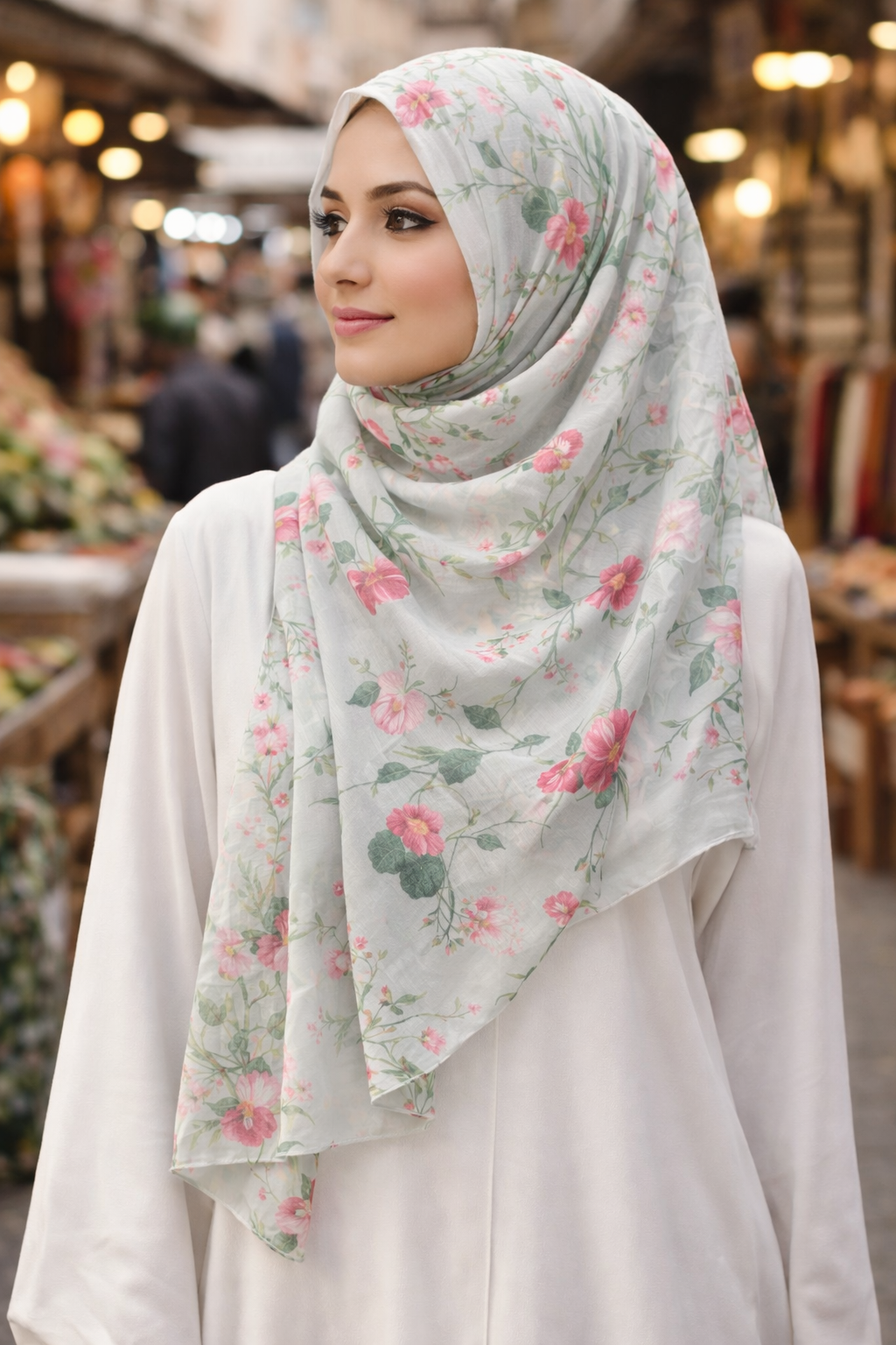 Cilantro Floral Print Rectangular Chiffon Scarf for Modest Everyday Wear