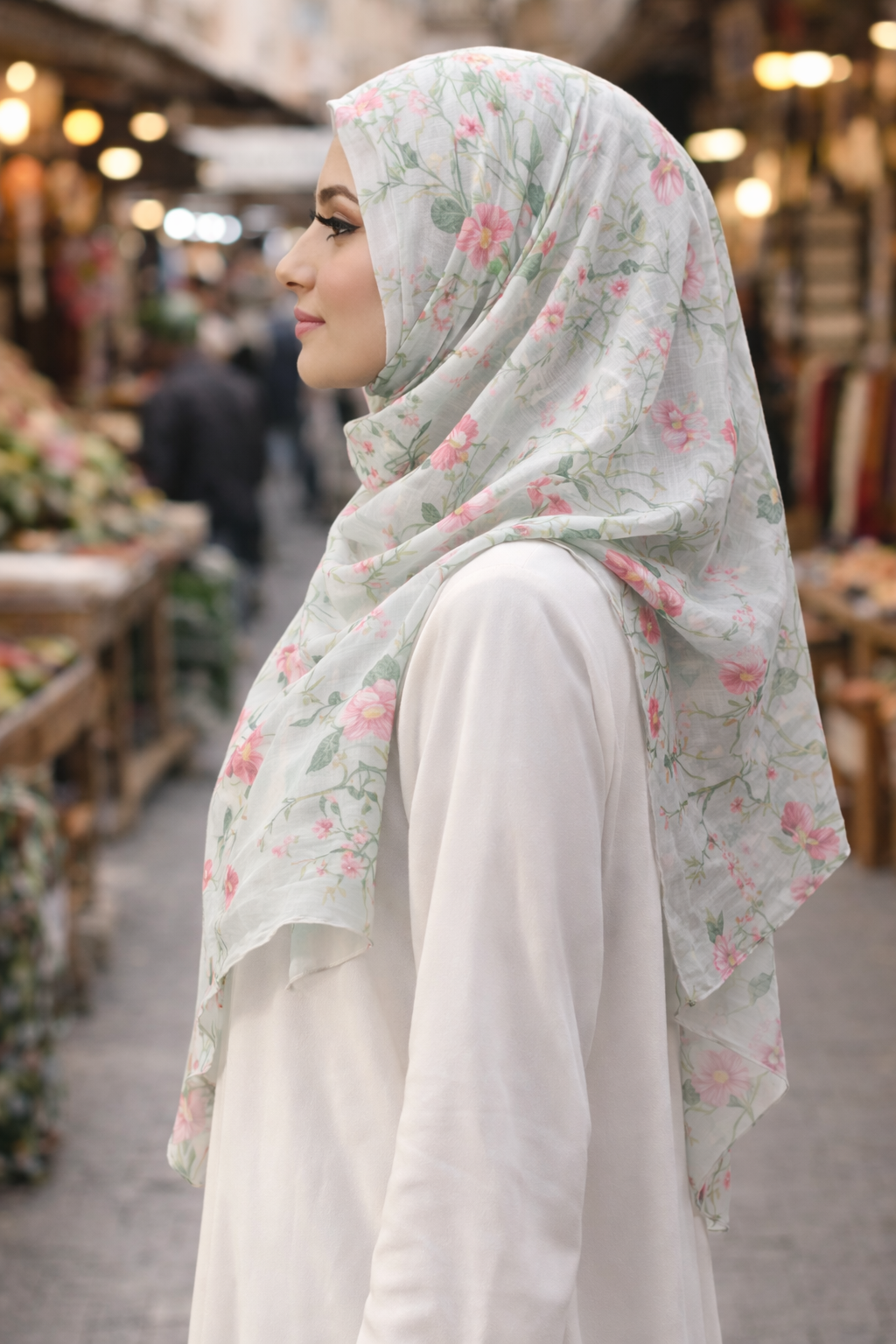 Cilantro Floral Print Rectangular Chiffon Scarf for Modest Everyday Wear