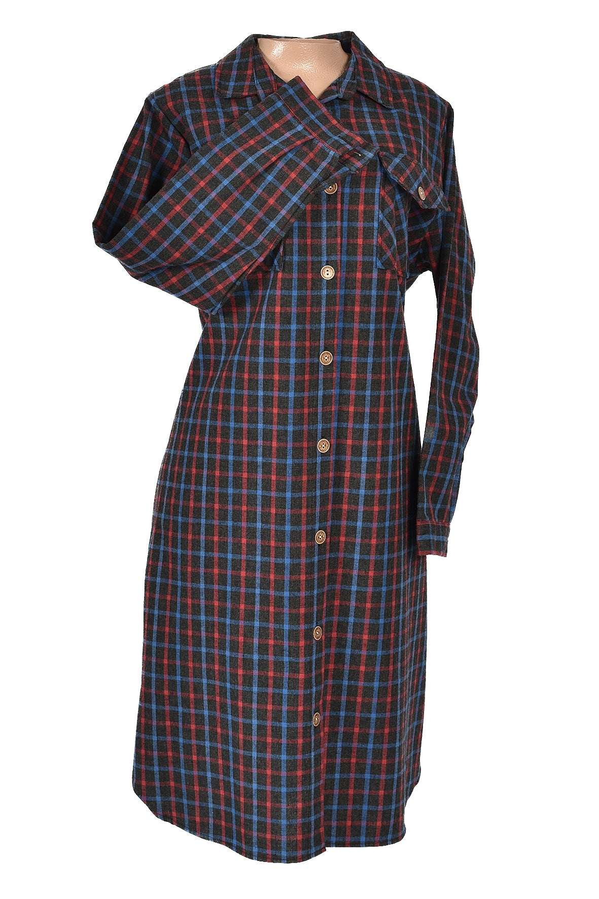 3/4 length checked winter over dress -blue-red