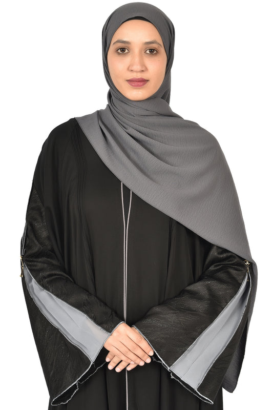 Black Abaya with Grey Panel Sleeves and Leather Touch (ladies abaya)