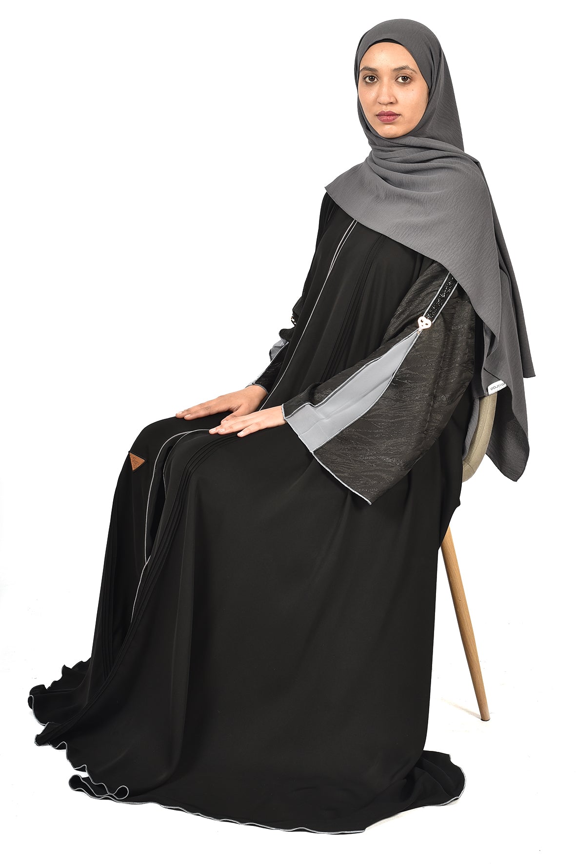 Black Abaya with Grey Panel Sleeves and Leather Touch (ladies abaya)