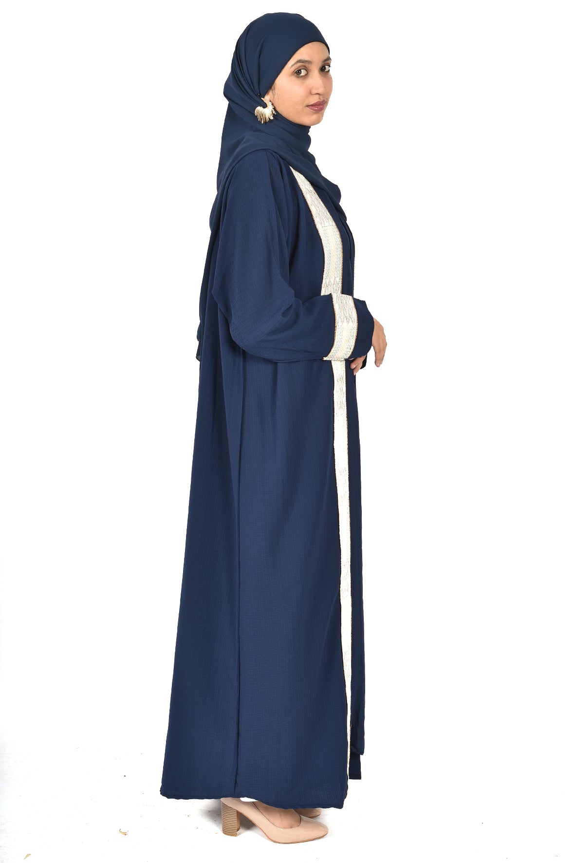 Navy Blue Abaya with Elegant White Embroidered Trim (ladies abaya )