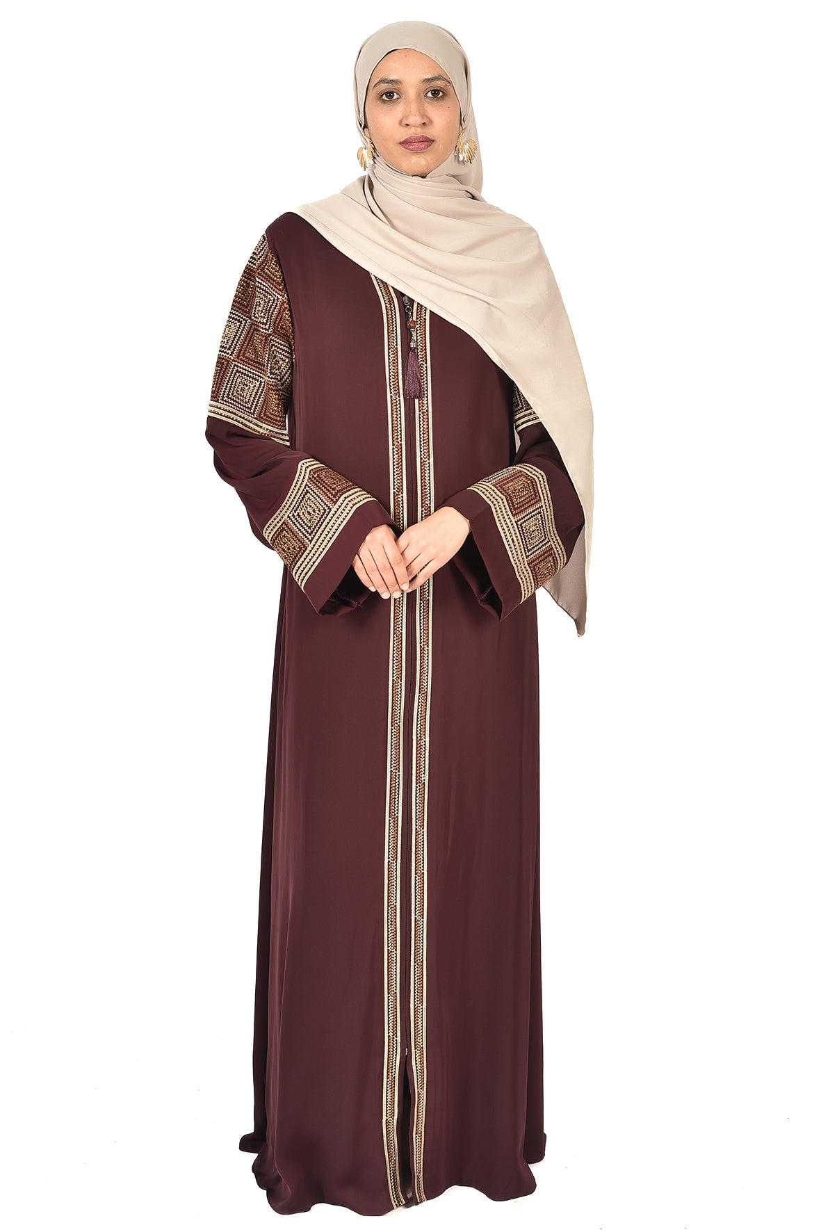 Maroon Abaya with Geometric Embroidery and Tassel Accent (ladies abaya )