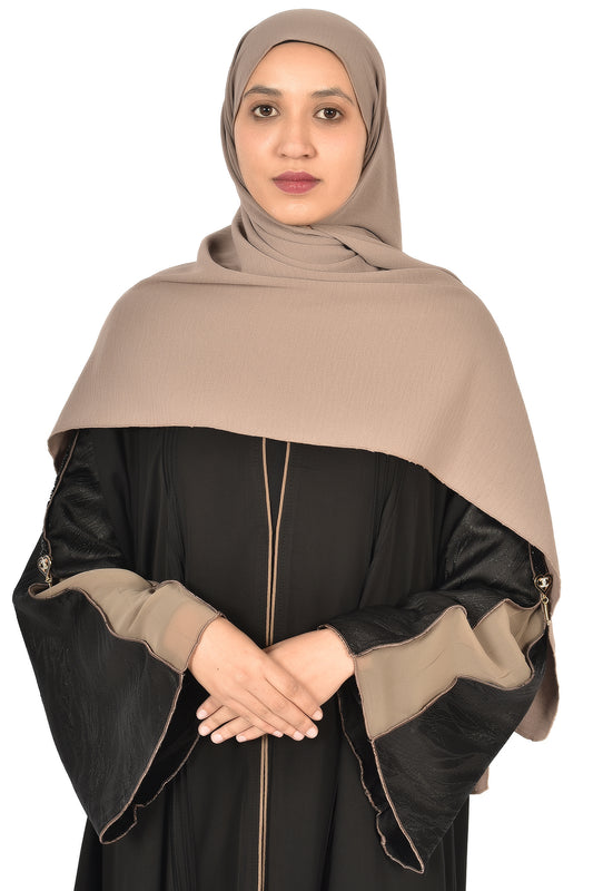 Black Abaya with Glossy Beige Cuff Accents  ( ladies abaya )