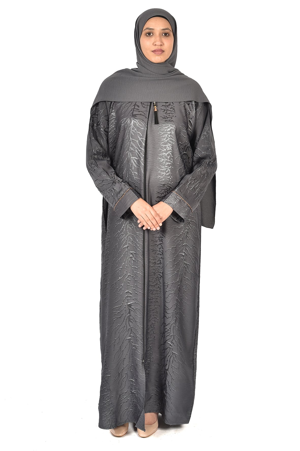 Elegant Charcoal Grey Abaya with Textured Shine ( ladies abaya )