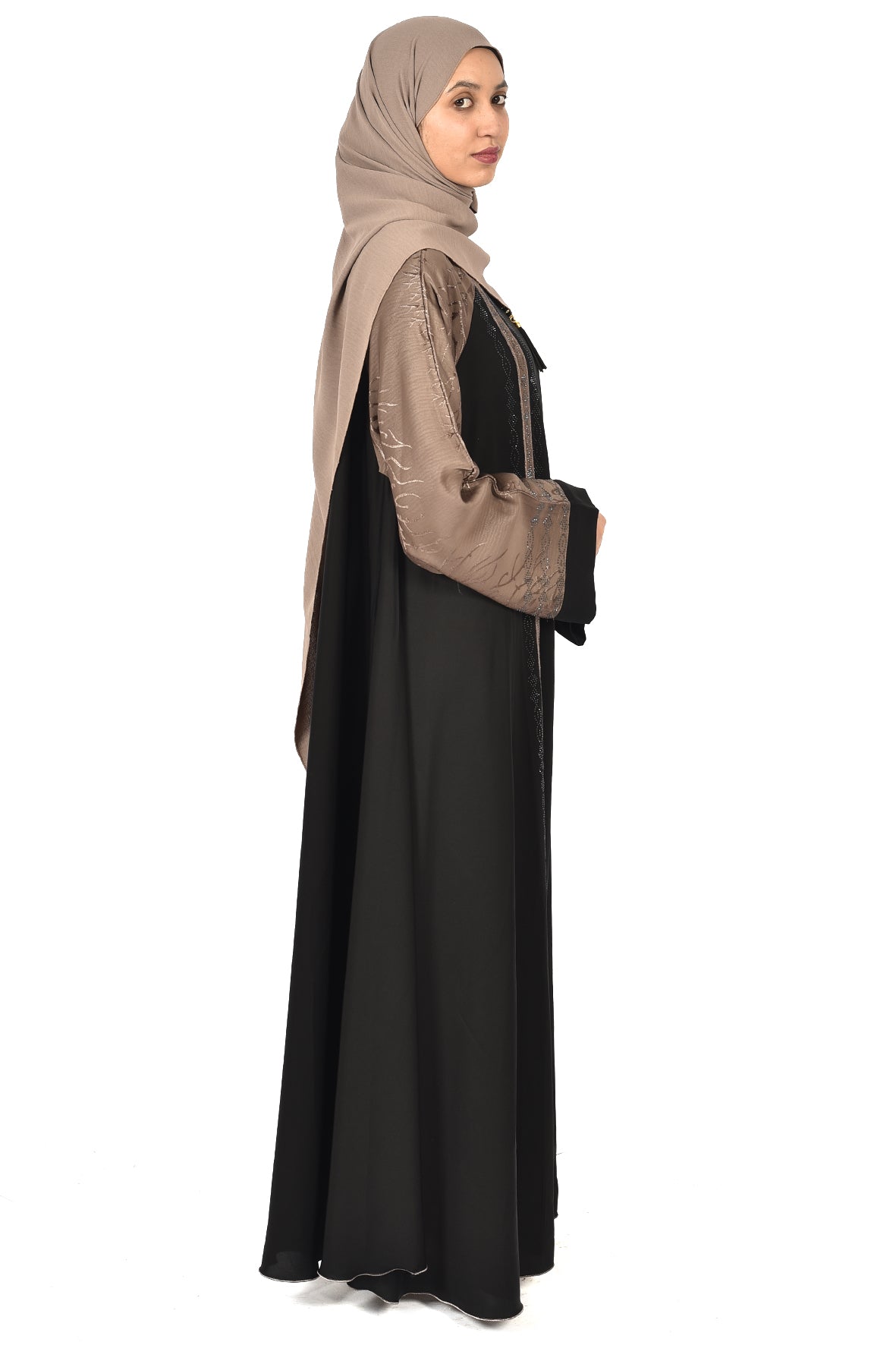 Black Abaya with Embellished Sleeves & Shimmering Front Panel ( ladies abaya )
