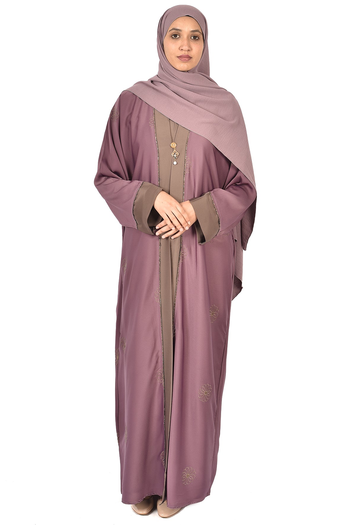 Mauve Abaya with Subtle Floral Embroidery & Taupe Accents ( ladies abaya )