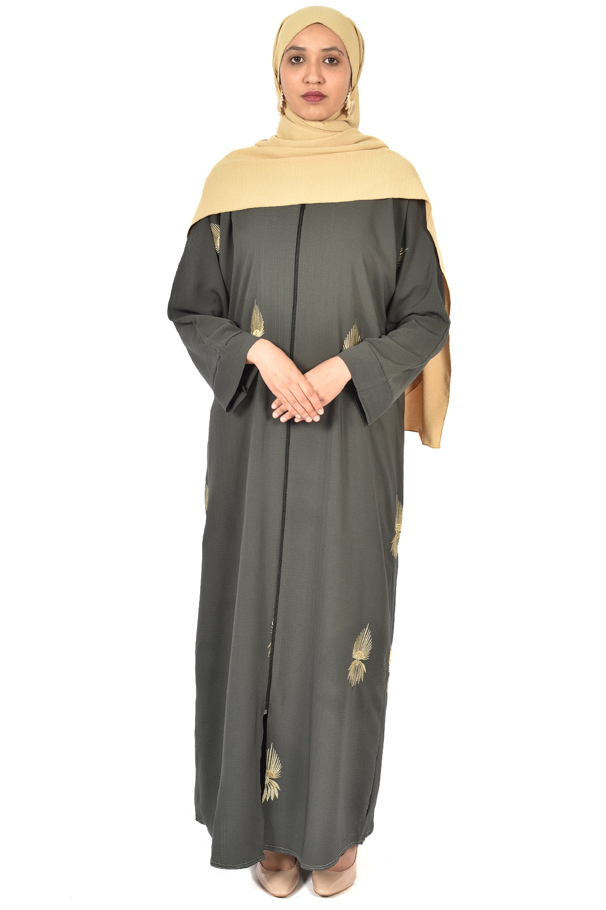 Elegant Olive Abaya with Golden Embroidered Motifs ( ladies abaya )