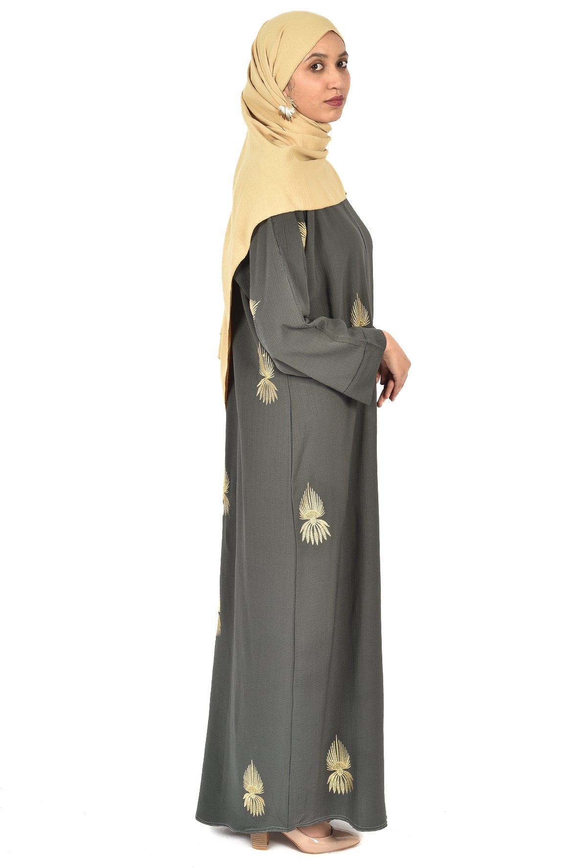 Elegant Olive Abaya with Golden Embroidered Motifs ( ladies abaya )