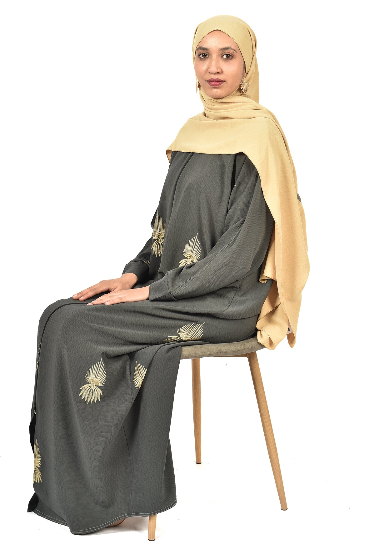 Elegant Olive Abaya with Golden Embroidered Motifs ( ladies abaya )