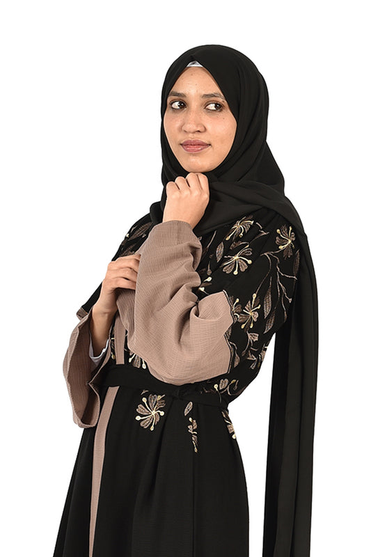 Black Embroidered Abaya with Beige Details and Elegant Brooch -ladies abaya