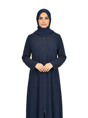 Maritime Blue Full-Length Abaya with Intricate Brown Embroidery