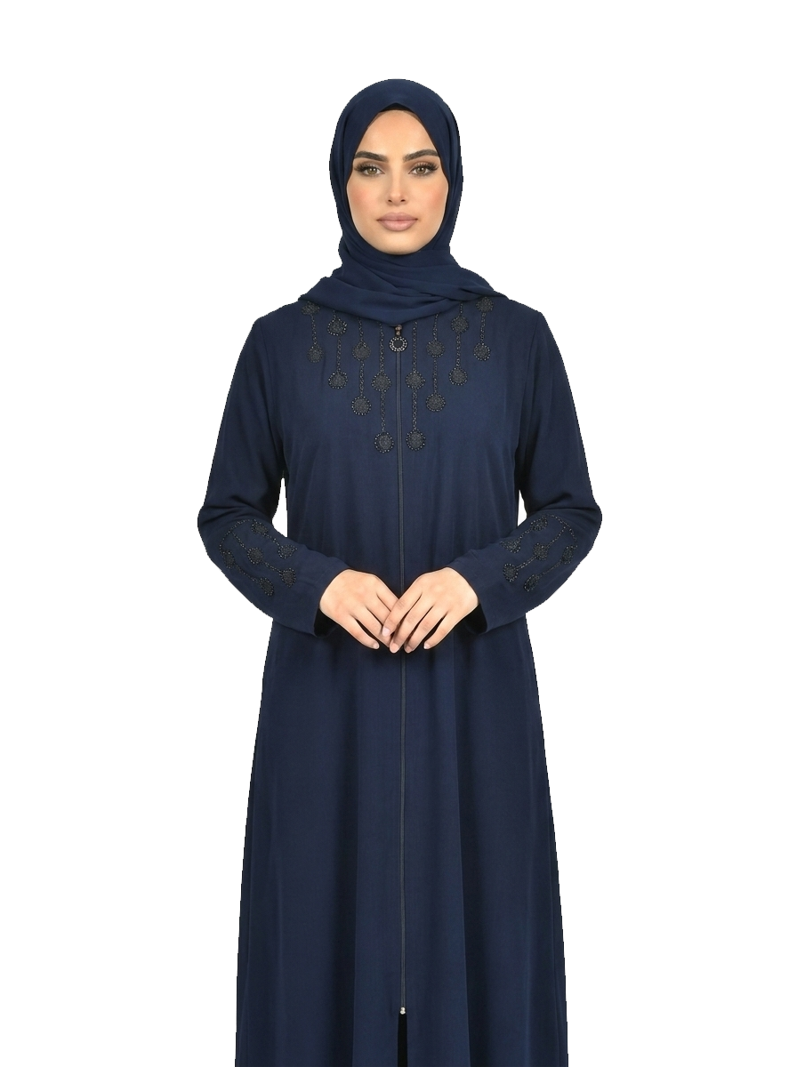 Maritime Blue Full-Length Abaya with Intricate Brown Embroidery