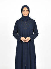 Maritime Blue Full-Length Abaya with Intricate Brown Embroidery