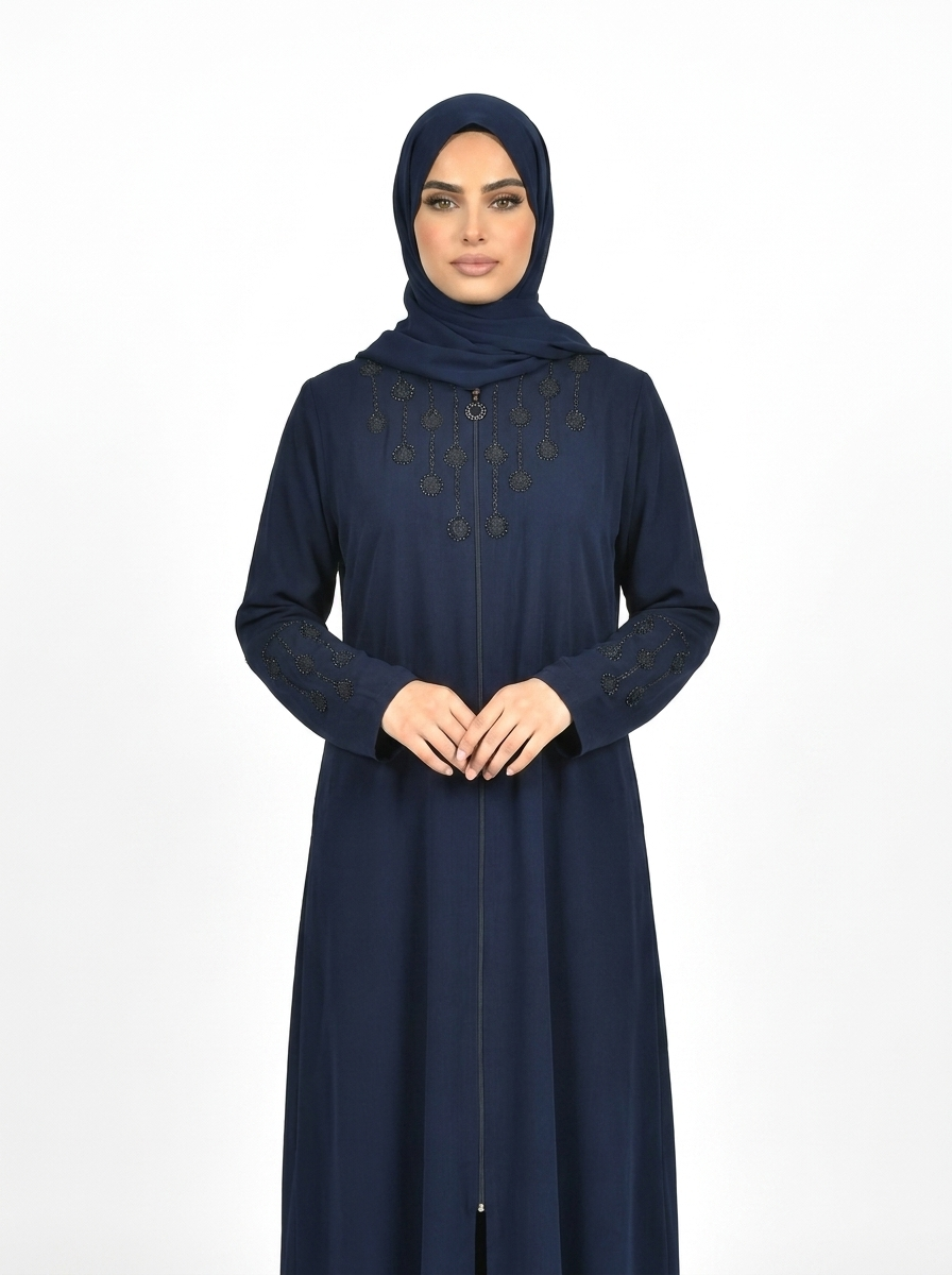 Maritime Blue Full-Length Abaya with Intricate Brown Embroidery